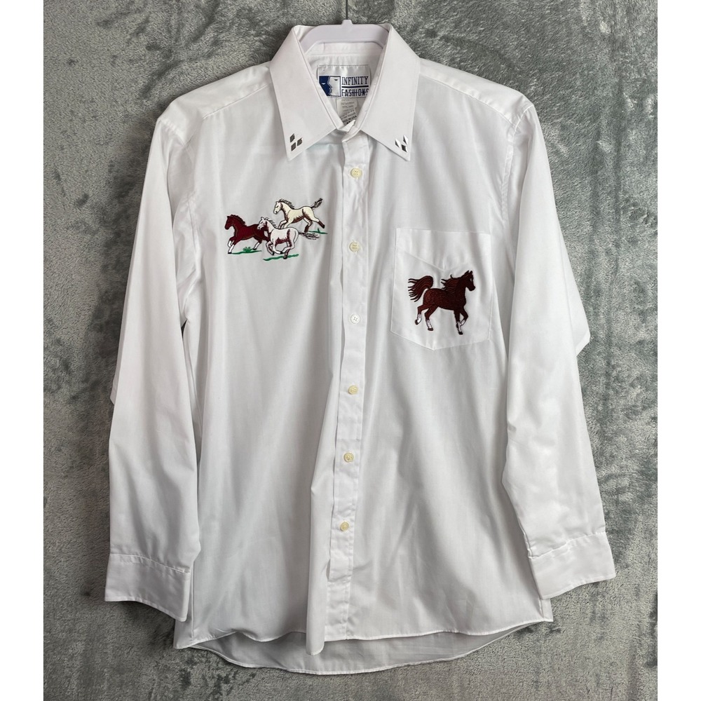 Vtg Horse Embroidered Infinity Fashions Shirt Mens M White‎ Western Cowboy USA